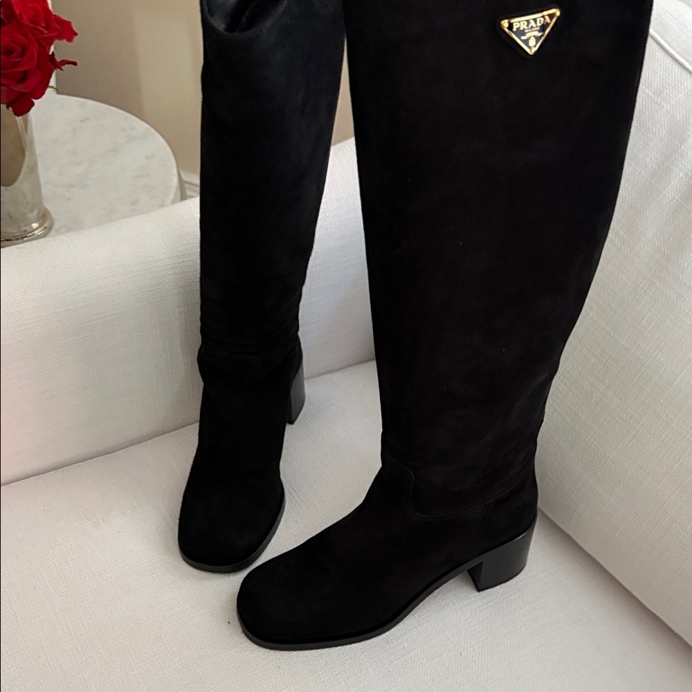 Prada Women's Chic Black Suede Heeled Boots - Picture 4 of 5